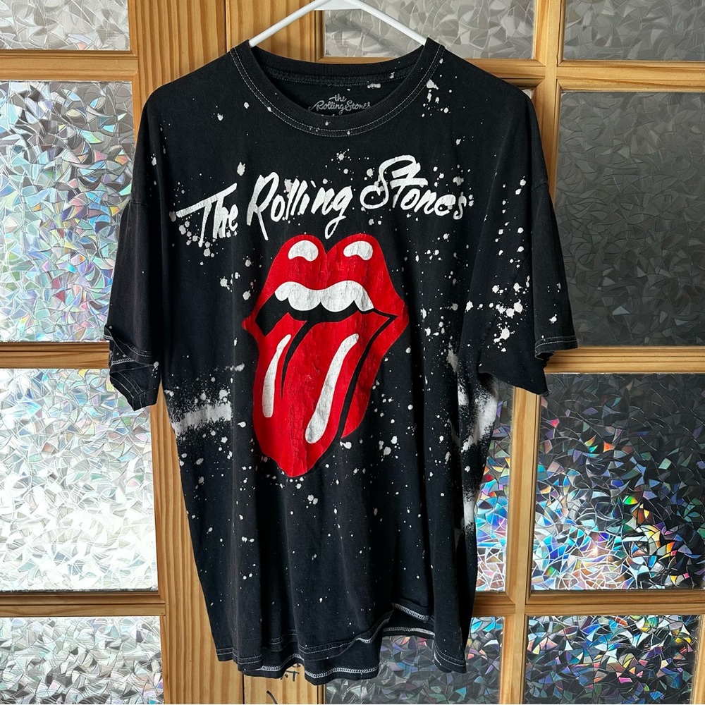Rolling Stones T-Shirt Men’s XL Black Lips Logo Bleach Splatter Rock Band Grunge
